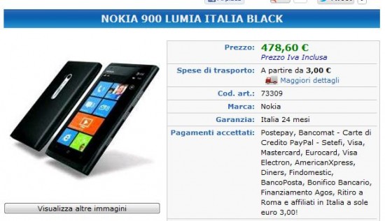 Nokia Lumia 900 a 478,6 Euro sul sito Stockinformatica