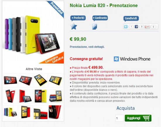 Nokia Lumia 820 in prenotazione su nstore.it