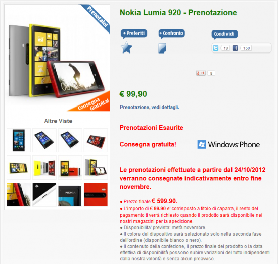 Nokia Lumia 920 esaurito su nstore.it
