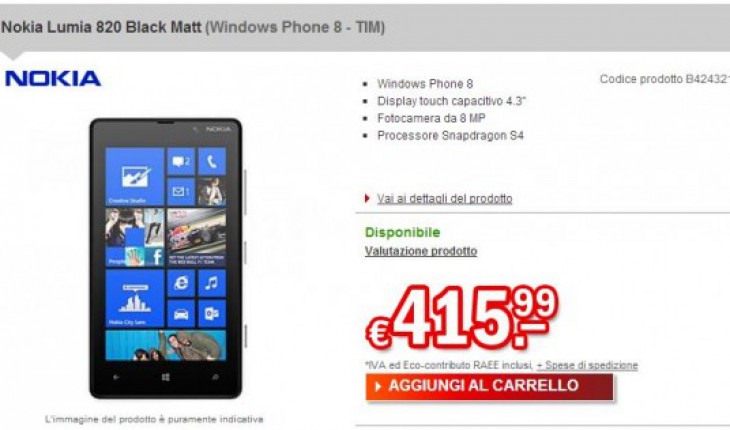 Nokia Lumia 820 TIM a 415,99 Euro e Nokia Lumia 920 TIM a 559 Euro su redcoon.it [Aggiornato]