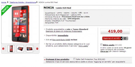 Nokia Lumia 820 a 419 Euro su MediaWorld Online