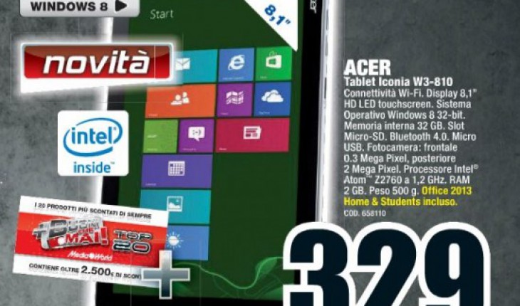 Il mini tablet Acer Iconia W3 con Windows 8 nel catalogo di MediaWorld a 329 Euro