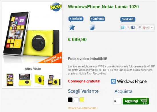 Nokia Lumia 1020 disponibile su NStore