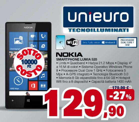 Nokia Lumia 520 in offerta da Unieuro