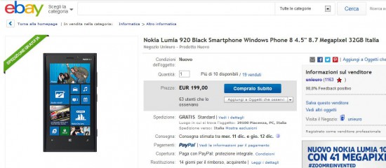 Nokia Lumia 920 in offerta su Unieuro Ebay