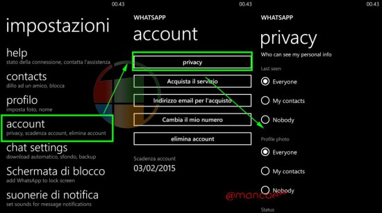 Gestione privacy WhatsApp