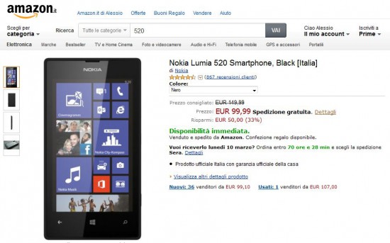Nokia Lumia 520 su Amazon