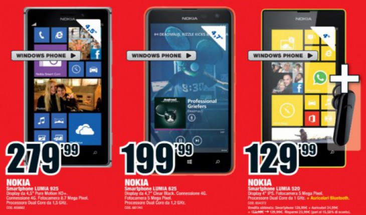 MediaWorld: dal 13 marzo Lumia 925 a 279 Euro, Lumia 625 a 199 Euro e Lumia 520 + omaggio a 129 Euro