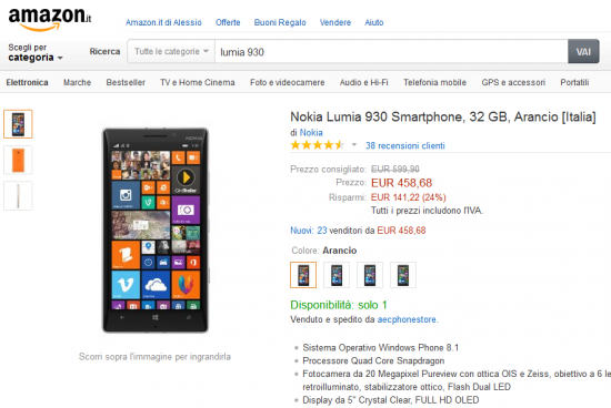 Nokia Lumia 930 a 458 Euro su Amazon
