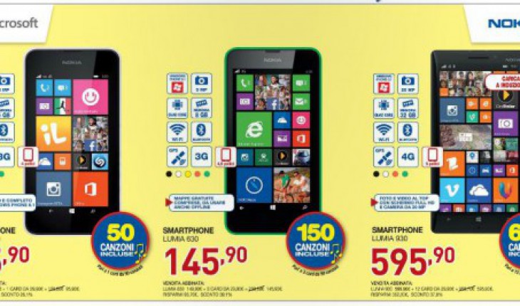 Offerta Euronics: Nokia Lumia 530, 630 e 930 con canzoni del catalogo Sony in omaggio!