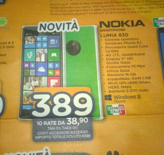 Nokia Lumia 830 a 389 Euro da Unieuro