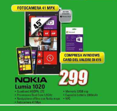 Nokia Lumia 1020 a 299 Euro presso i negozi Expert Domex