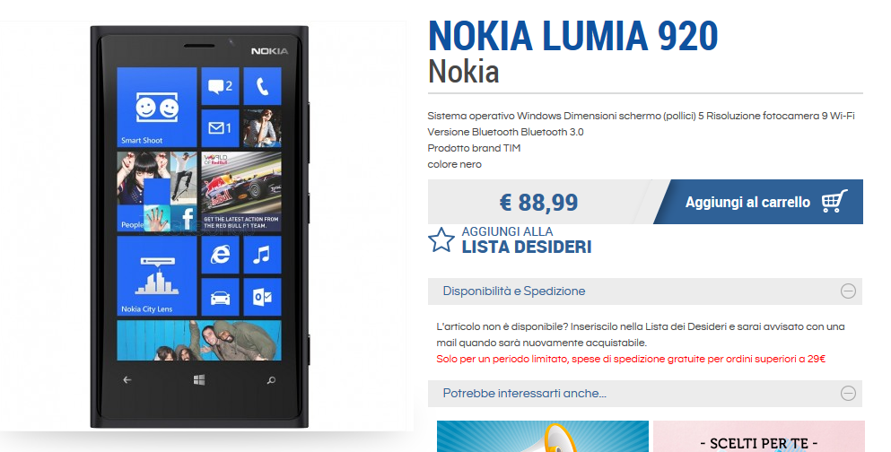 Nokia Lumia 920 TIM a soli 88,99 Euro su PosteShop
