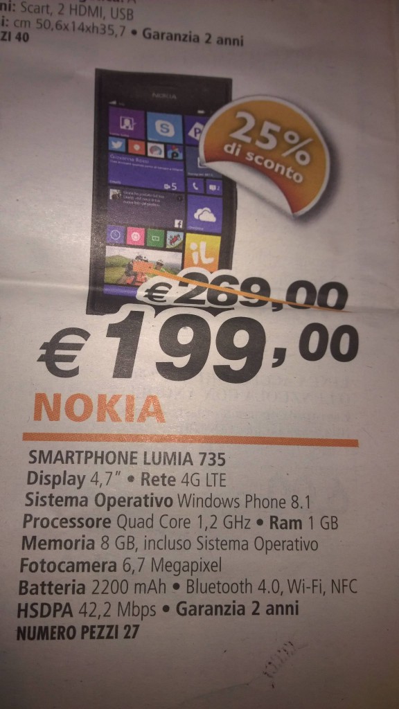 Nokia Lumia 735 in offerta a 199 Euro