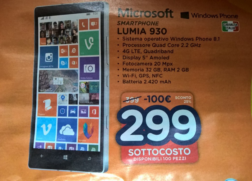 Nokia Lumia 930 a 299 Euro presso Unieuro