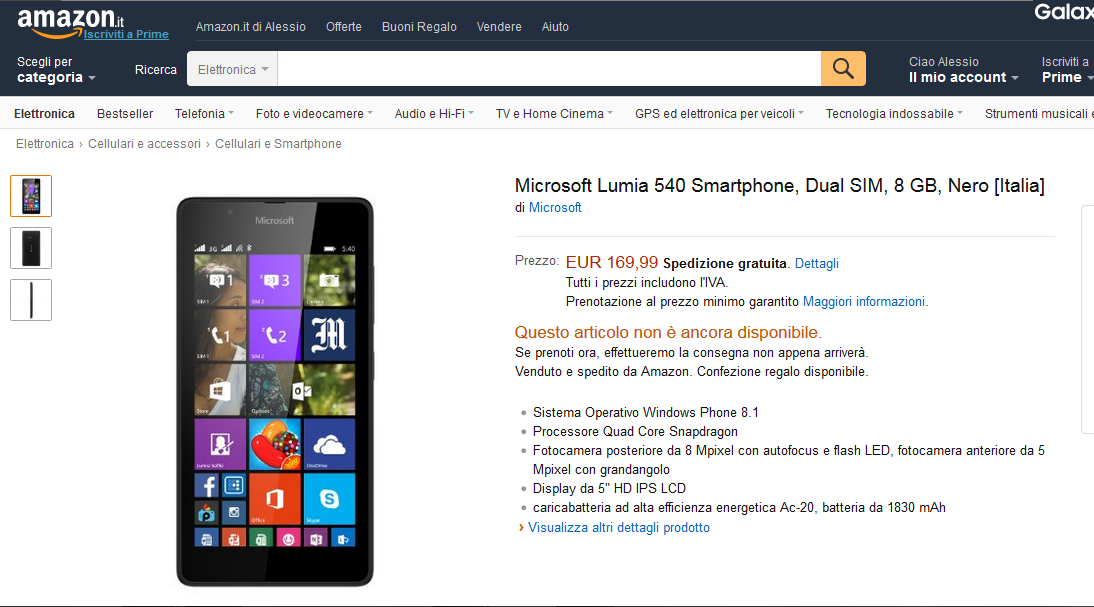 Lumia 540 Dual SIM su Amazon