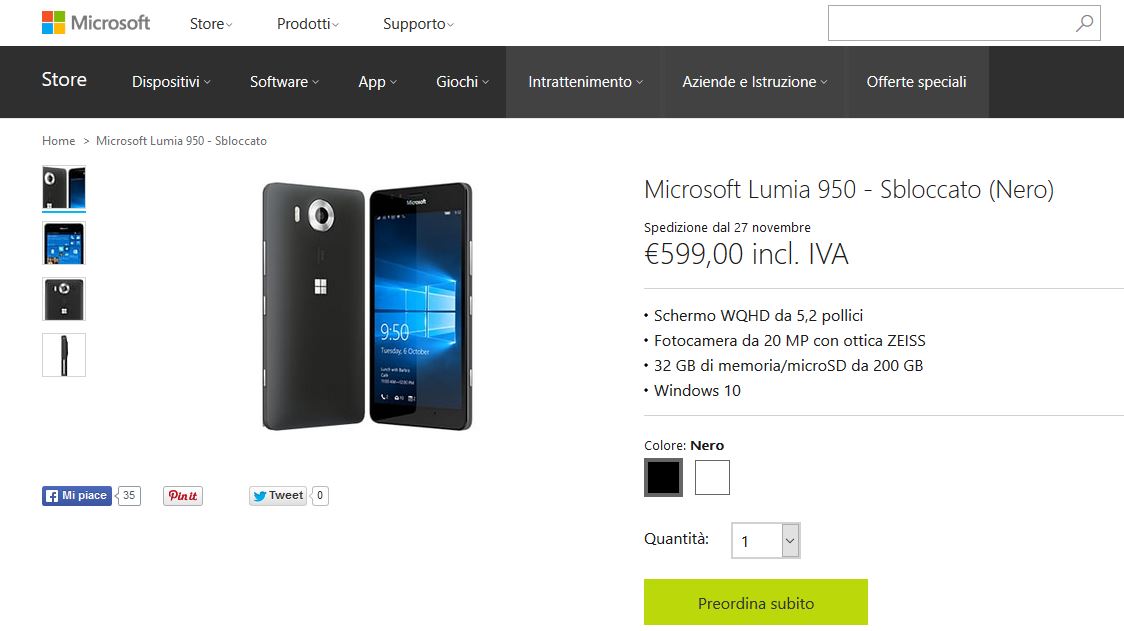Lumia 950 su Microsoft Store Italia