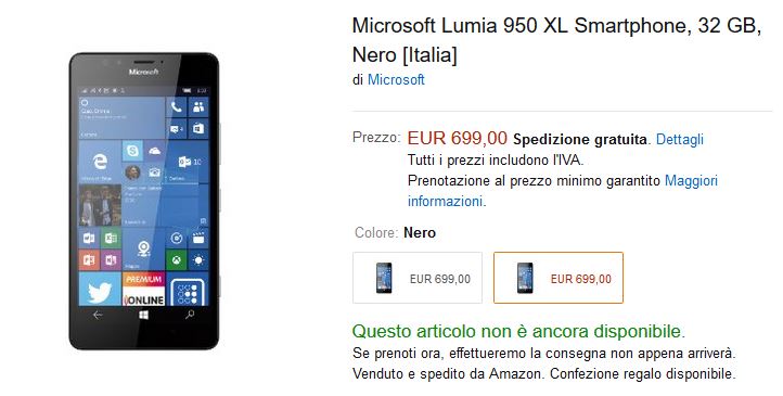 Lumia 950 XL su Amazon Italia