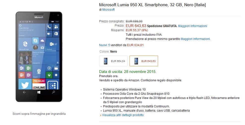 Lumia 950 XL su Amazon Italia