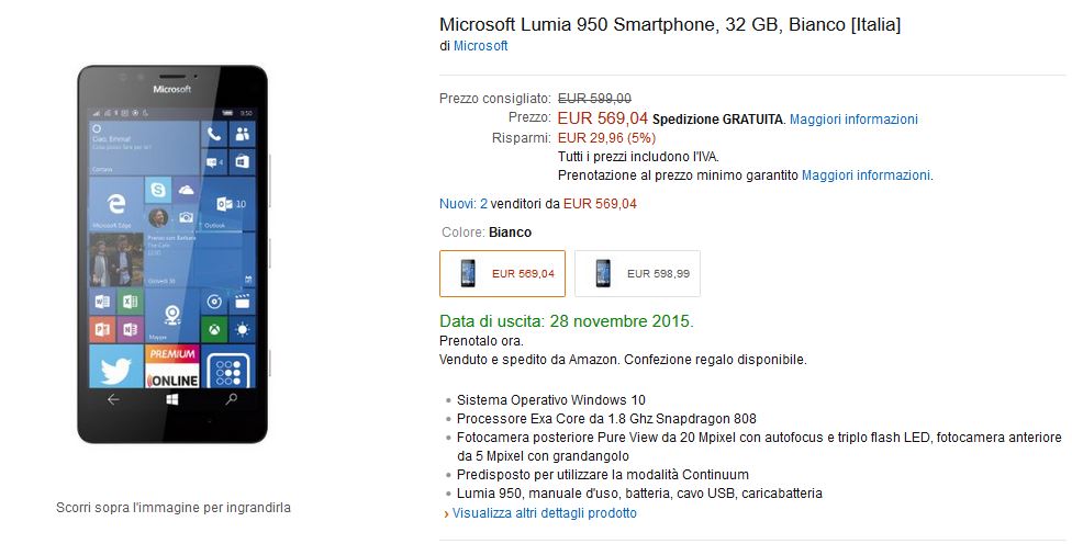 Lumia 950 su Amazon