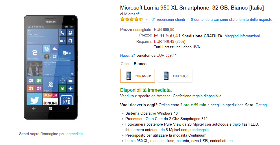 Microsoft Lumia 950 XL Bianco a 559 Euro su Amazon