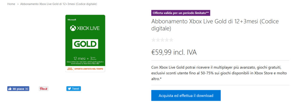 Offerta Xbox Live Gold