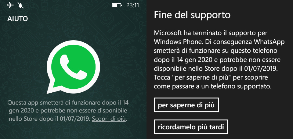 WhatsApp - Fine del Supporto a Windows Phone